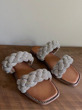 Beaded Braided Double-Strap Sandals - Silver